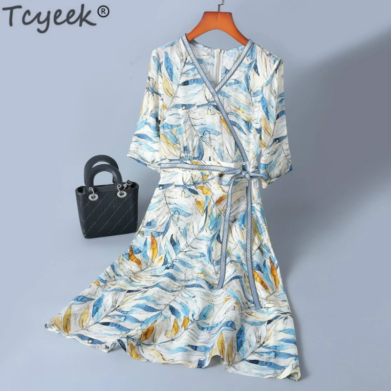 

Tcyeek 100% Real Silk Dress Women Summer Dress Floral Print Elegant Office Ladies Dresses Party Midi Beach Vestidos 2019 LWL1811