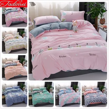 

Pink Gray AB Double Side Quilt Duvet Cover Bedding Set Adult Kids Child 100% Washed Cotton Bed Linen Single Full Queen King Size
