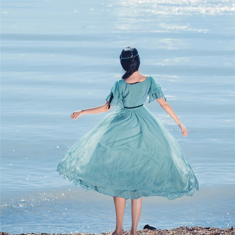 Vestido de encaje de tul azul de marca para Mujer Vestidos de Mujer dulce Lolita Ropa Mujer Verano Kerst Jurk 2018 Vestidos de playa bohemios Vestido de encaje de tul azul de marca para Mujer Vestidos de Mujer dulce Lolita Ropa Mujer Verano Kerst Jurk 2018 Vestidos de playa bohemios