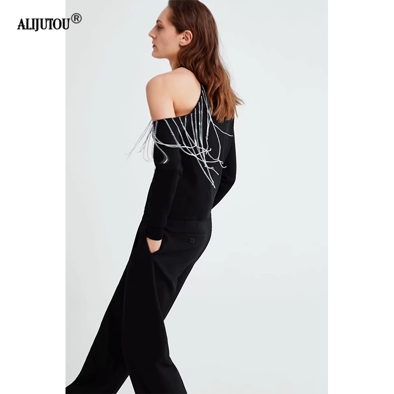 2019 zaraing spring new Diamond Fringe Slit Sleeve T-Shirt Fashion Solid Asymmetric Cutout Neck Sexy women T-Shirt Elegant tops