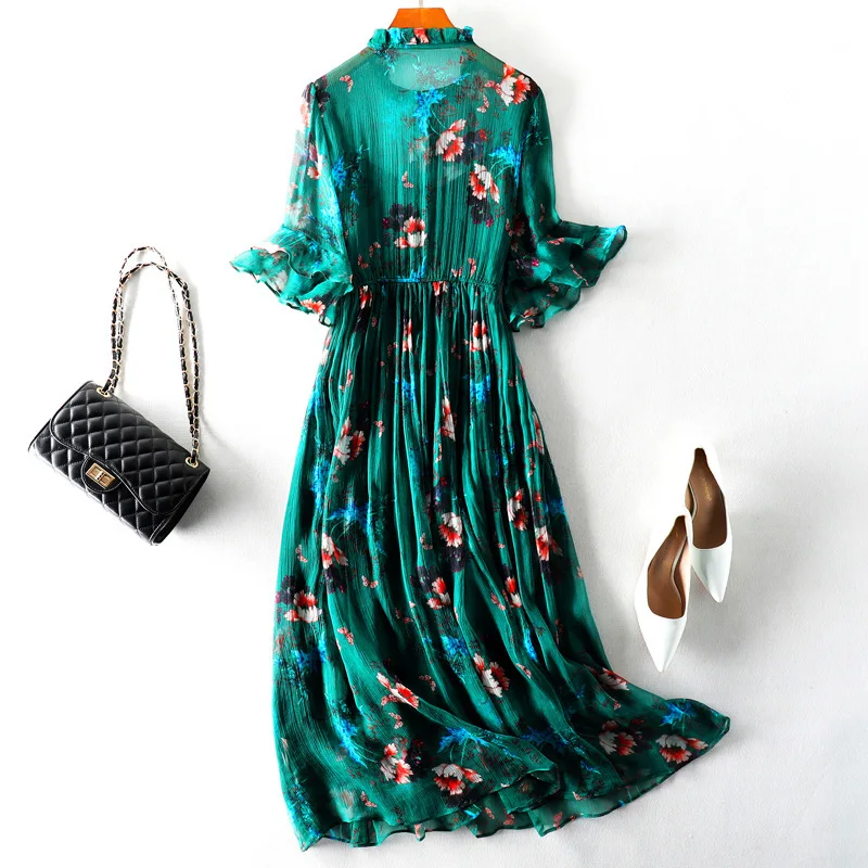 Высококачественное зеленое платье миди летнее из чистого шелка с цветочным принтом элегантное платье в повседневном стиле пляжное платье для отдыха Vestidos