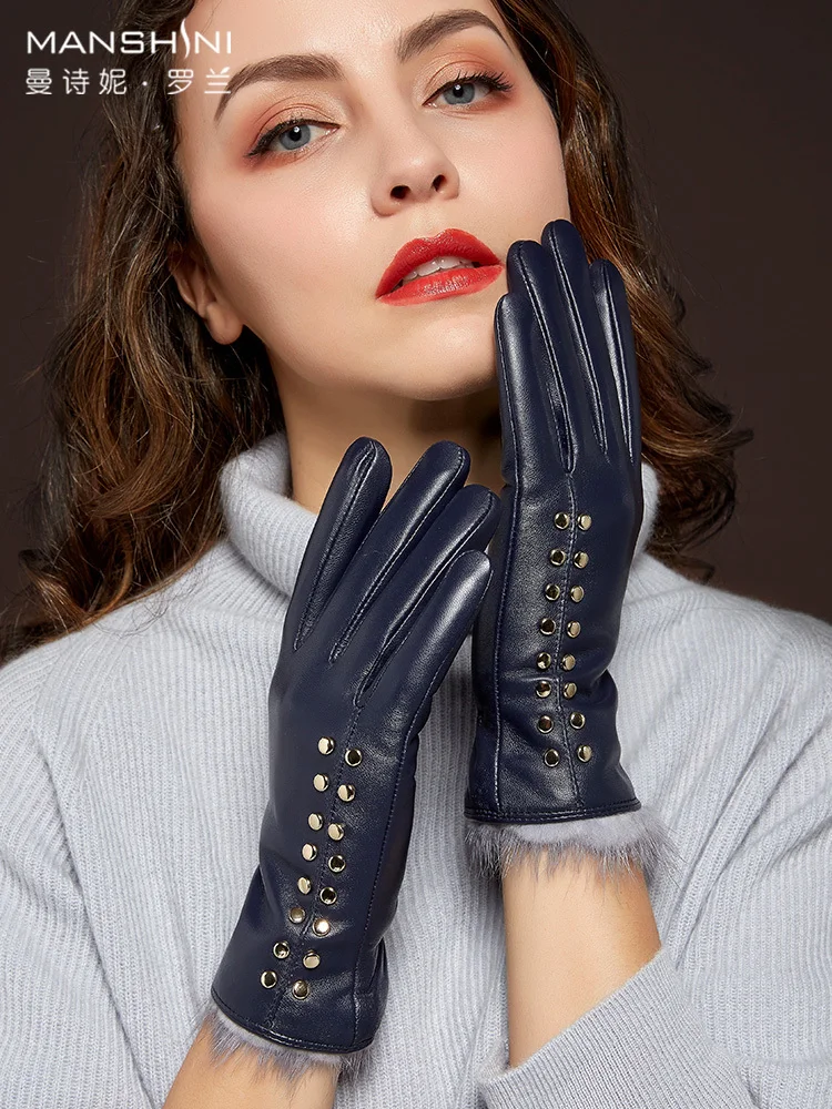 Перчатки из натуральной кожи, женские зимние перчатки из меха норки с сенсорным экраном, перчатки из овчины, бархатные толстые теплые перчатки для телефона, женские перчатки MLZ035