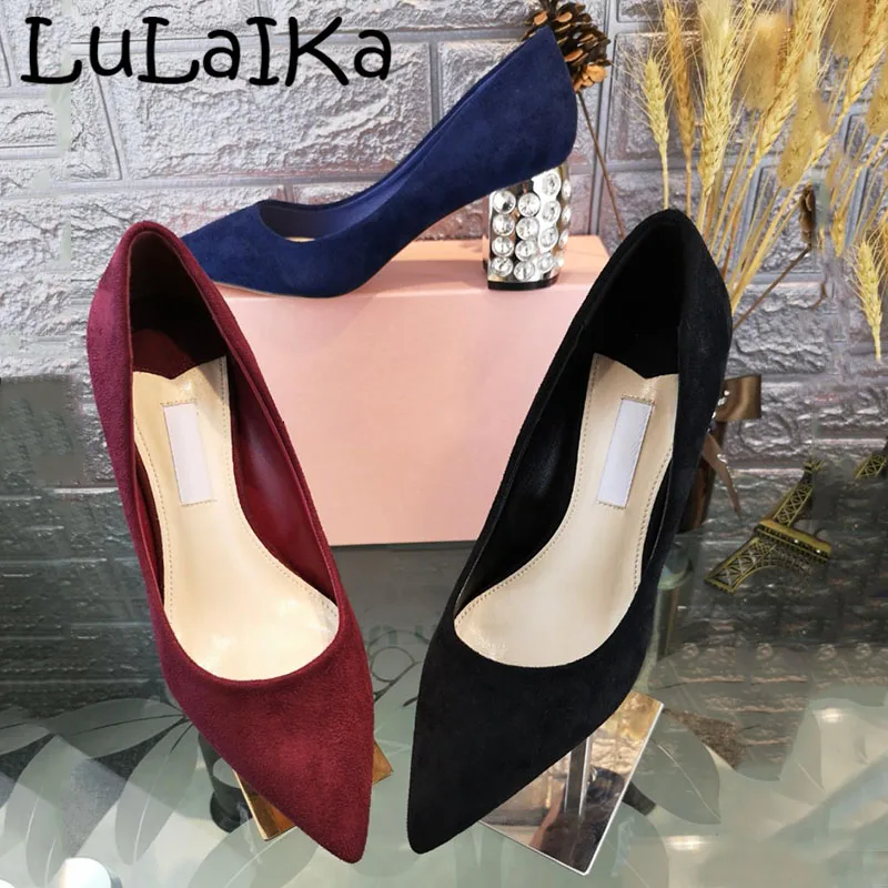 

2018 Winter Brand Ladies Pointed Toe Pumps Sexy Suede Crystal Heel Winter Elegant Woman Wedding Party High Heel Shoes 6.5cm