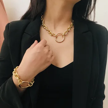 

KingDeng Punk Style Bracelet Exaggerated Metal Necklace Female Simple Geometric Circle Retro Gothic Chains Gold Chain 2019 Set