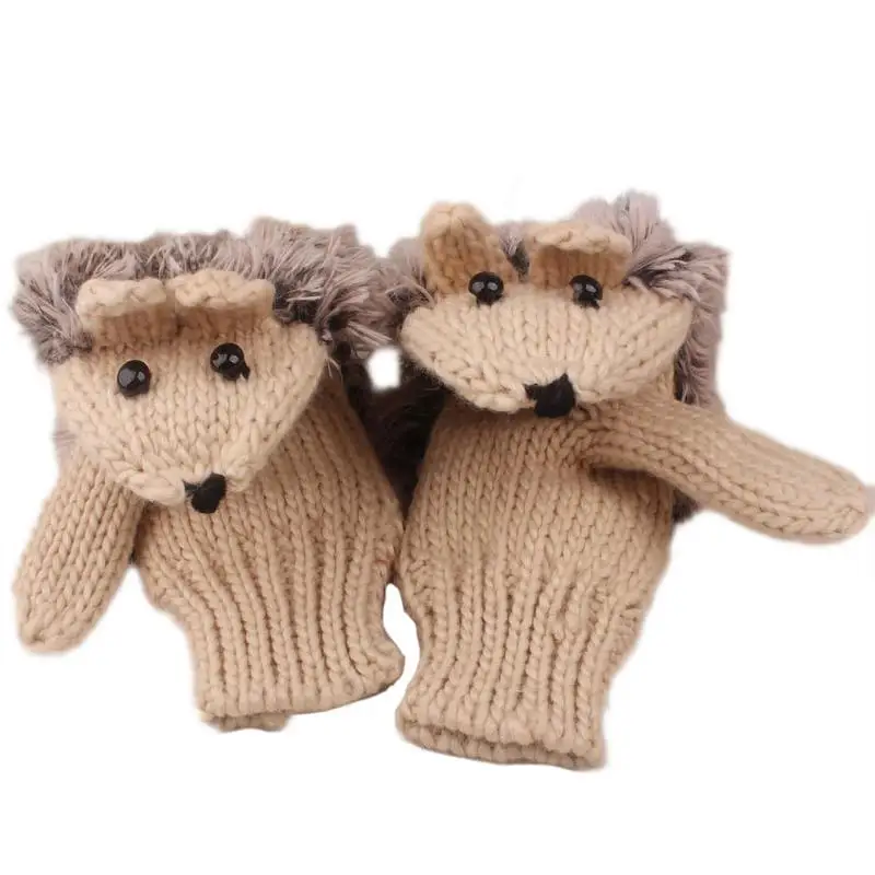 

Hot Selling Cute Hedgehog Gloves Women Winter Warmer Knitted Crochet Wrist Cartoon Fleece Heated Mittens Erinaceus