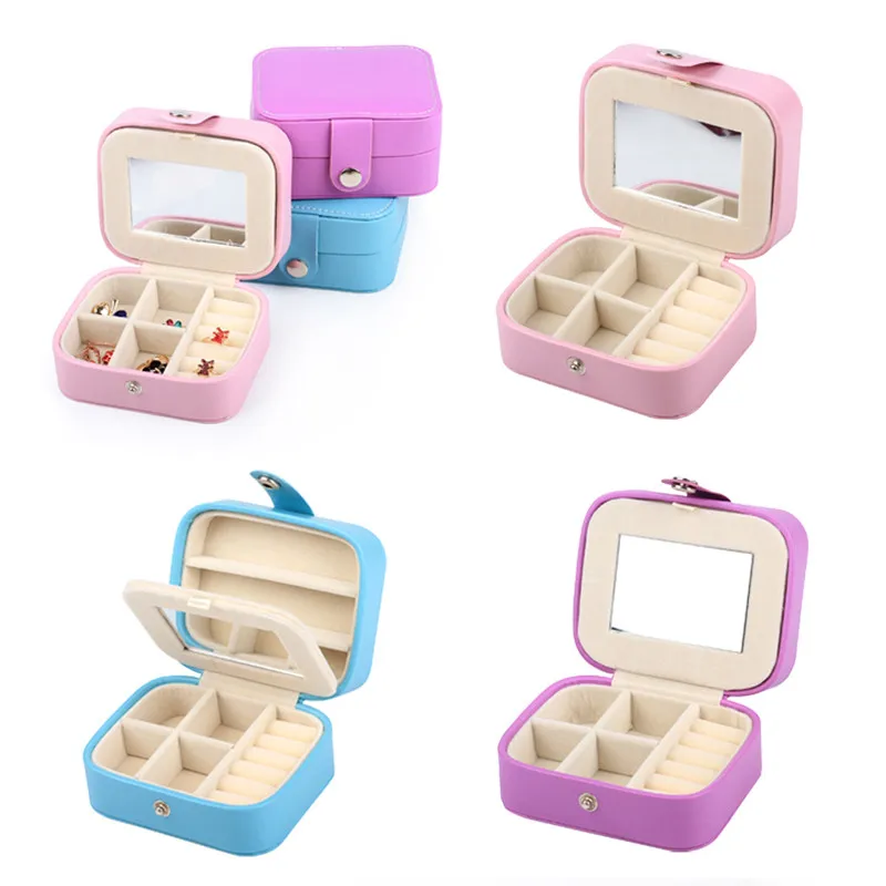 

New Solid Leather Jewelry Storage Box Portable Case Ring Earring Necklace Mirror Storage Display Organizer