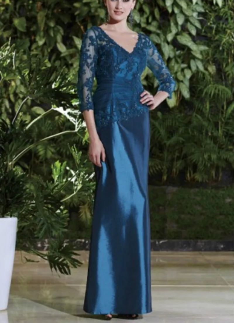 

Blue Evening Dresses Mother of The Bride With Long Sleeves V Neckline Mother of The Bride Long Dresses Plus Size
