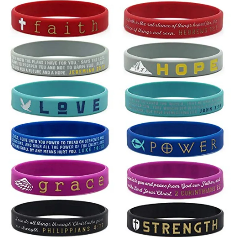 

300pcs Christian Inspirational Bible Bracelets Variety Faith Hope Love Power Grace Strength Silicone Rubber Wristbands in Bulk