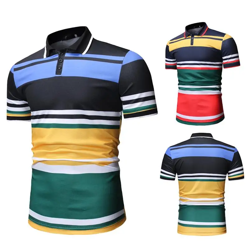 

Men's Clothing Tops Business Casual Tees Polo Shirt Men Lapels Stripe Men Polo Shirt Navy blue Black Short sleeve New