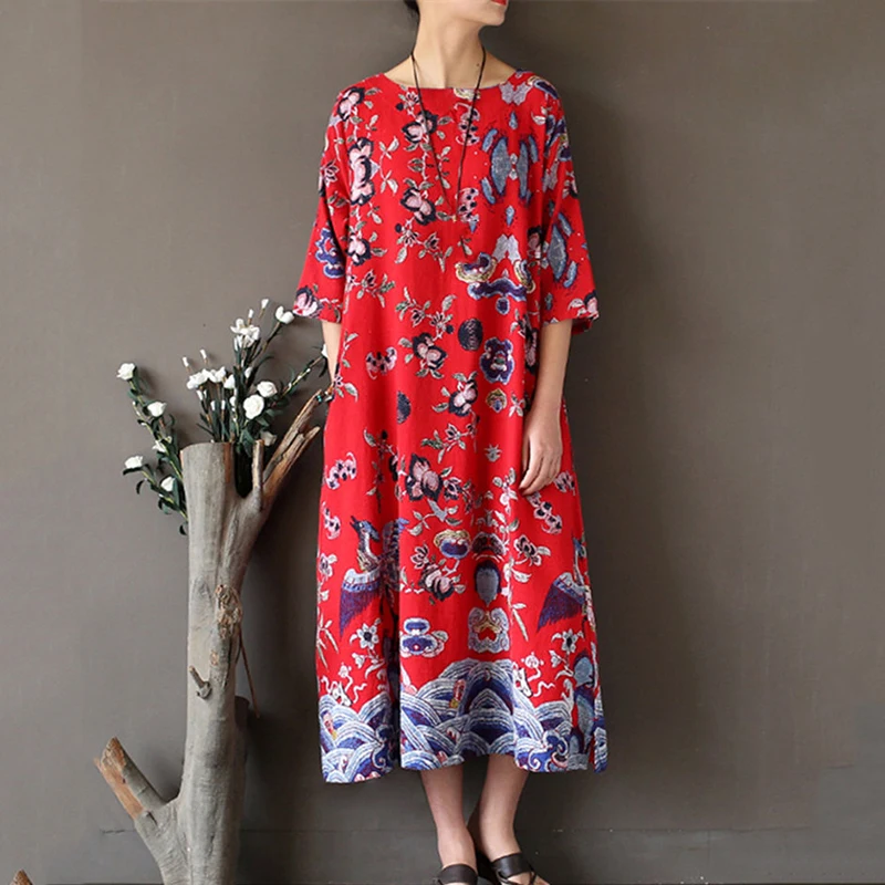 

2019 Womens Half Sleeve Loose Floral Print Maxi Midi Dress Kaftan Tops Plus Size