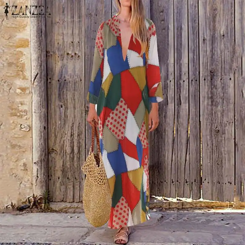 

Bohemain Split Maxi Dress Women's Striped Sundress Vintage Split Vestidos Female Print V Neck Dress Kaftan Oversized Robe Femme