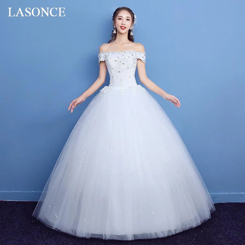 

LASONCE Ball Gown Lace Appliques Wedding Dresses Crystal Boat Neck Off The Shoulder Sequined Backless Bridal Gowns