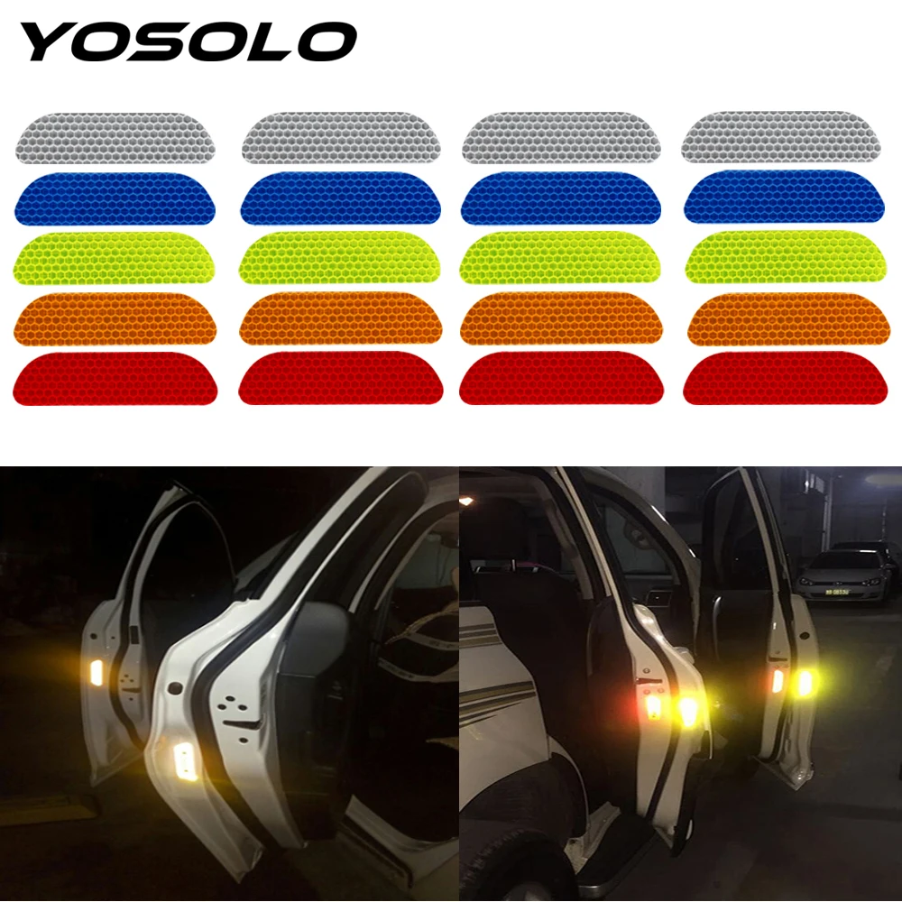 

YOSOLO 4 Pieces/set Car Reflective Stickers Warning Tape Reflective Strips Car Door Wheel Eyebrow Sticker Decal Safety Mark
