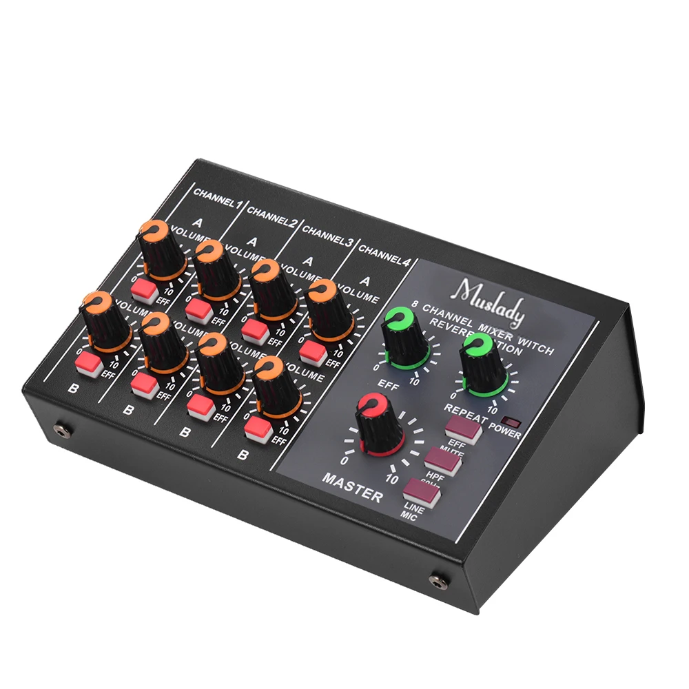 

Compact Size 8-channel Sound Mixer Mono/Stereo Audio Mixing Console with Reverberation Function 60Hz Frequency Cutting