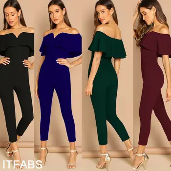

Ladies Casual Solid Skinny Jumpsuit Women Summer Sexy Short Sleeve Plain One-shoulder Playsuits