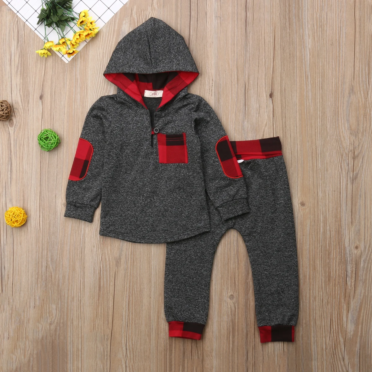 Newborn Baby Girls Boys Warm Plaid Hooded Sweatshirt+Pants 2PCS Outfits Clothes Set