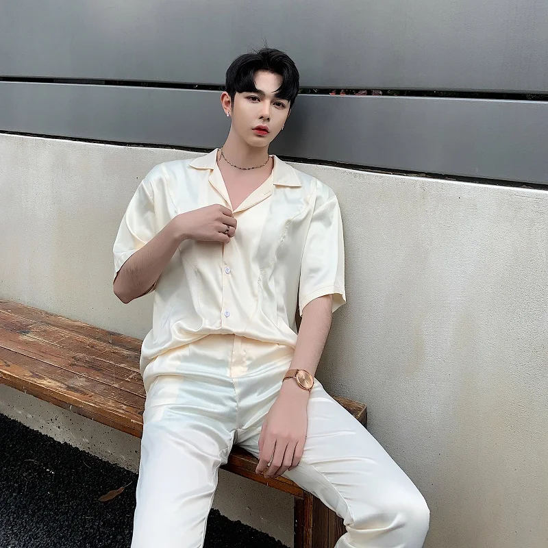 Men's Trousers 19 Summer New Loose Solid Color Fashion Satin Temperament Nine Points Pants Straight Youth Casual Men's Clothing