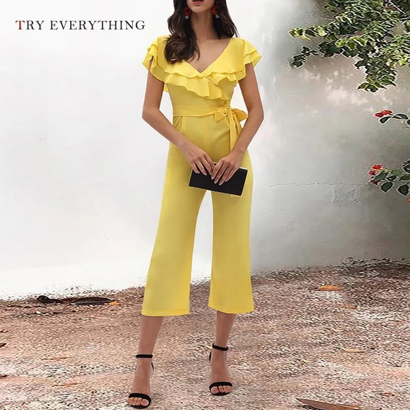 

Yellow Sexy Jumpsuit Women Summer 2019 Fashion Ruffles Slim Casual Jumpsuit Female Off Shoulder Belt Pants Jumpsuit For Women
