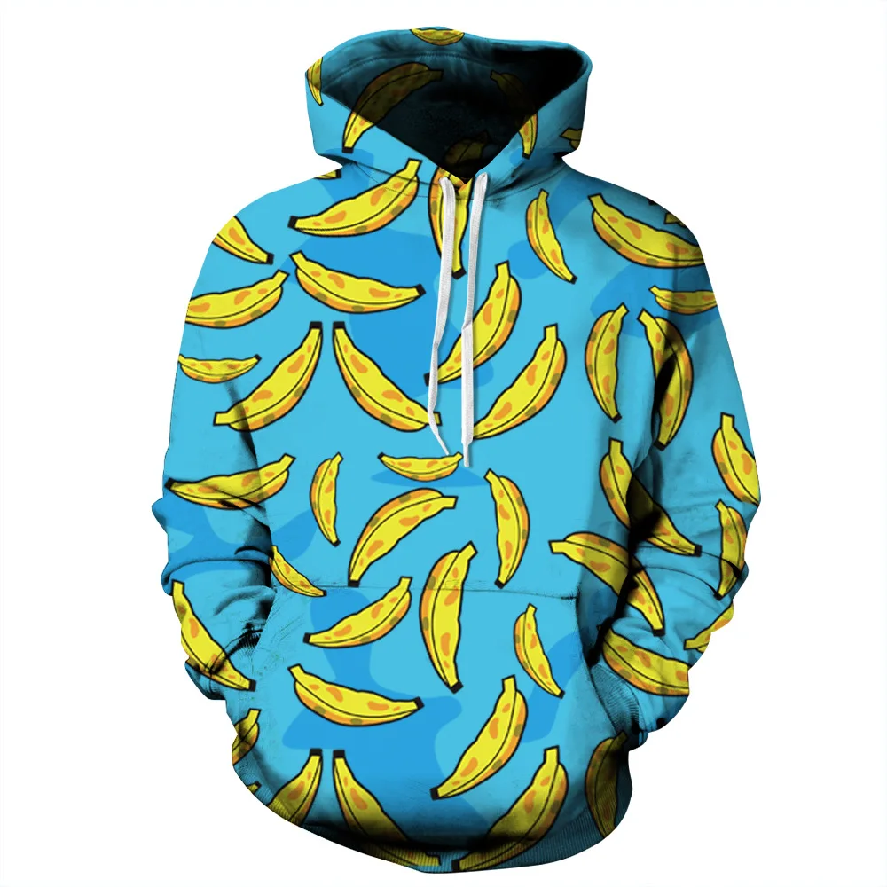 Banana Print Blue Hoodies Men Hoodie with Hat Round Neck Loose Sweatshirt Pullover Sudaderas Para Hombre Streetwear