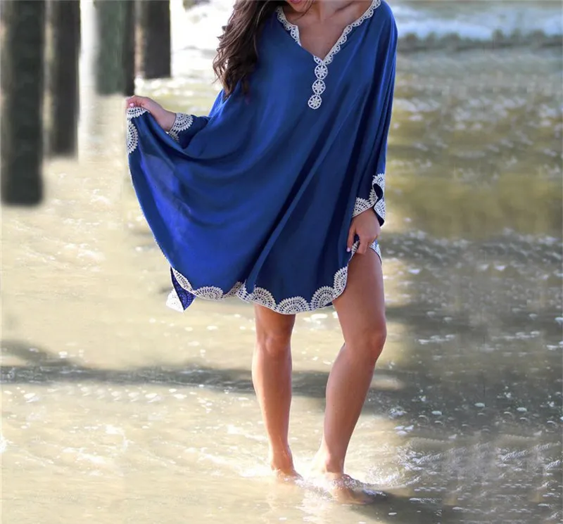 

Summer Women Cotton Beach Dress Casual Cover Up Embroidery Dress Solid Kaftan Batwing Sleeve Loose Holiday Dress
