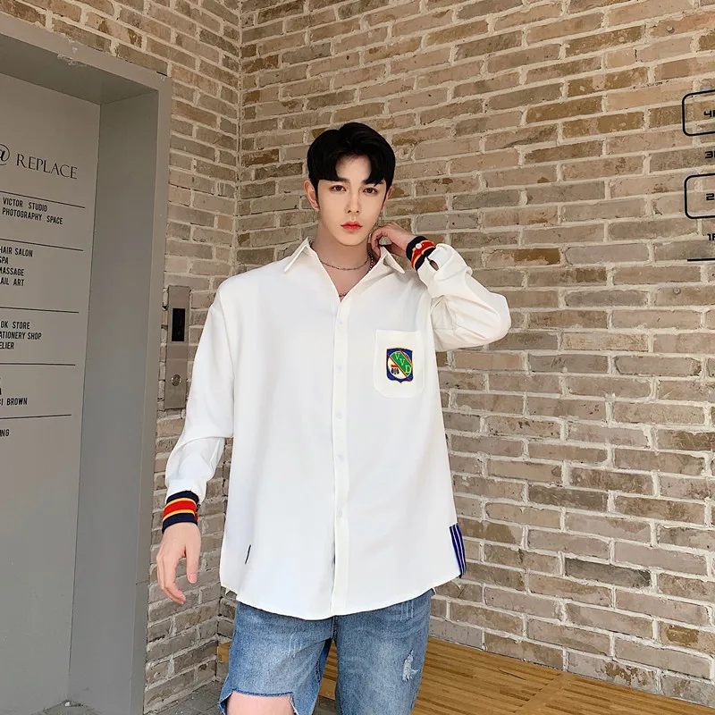

Men's shirt 2019 spring and summer solid color Hong Kong style loose shirt personality thin handsome handsome men's clothing