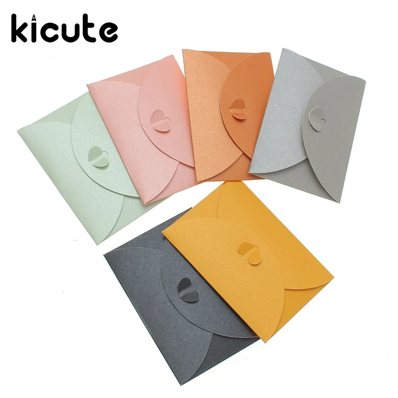 

Kicute 10pcs/lot Colored Pearl Heart Clasp Buckle Blank Paper Envelopes Retro Mini DIY Wedding Invitation Envelope Gift 10x7cm