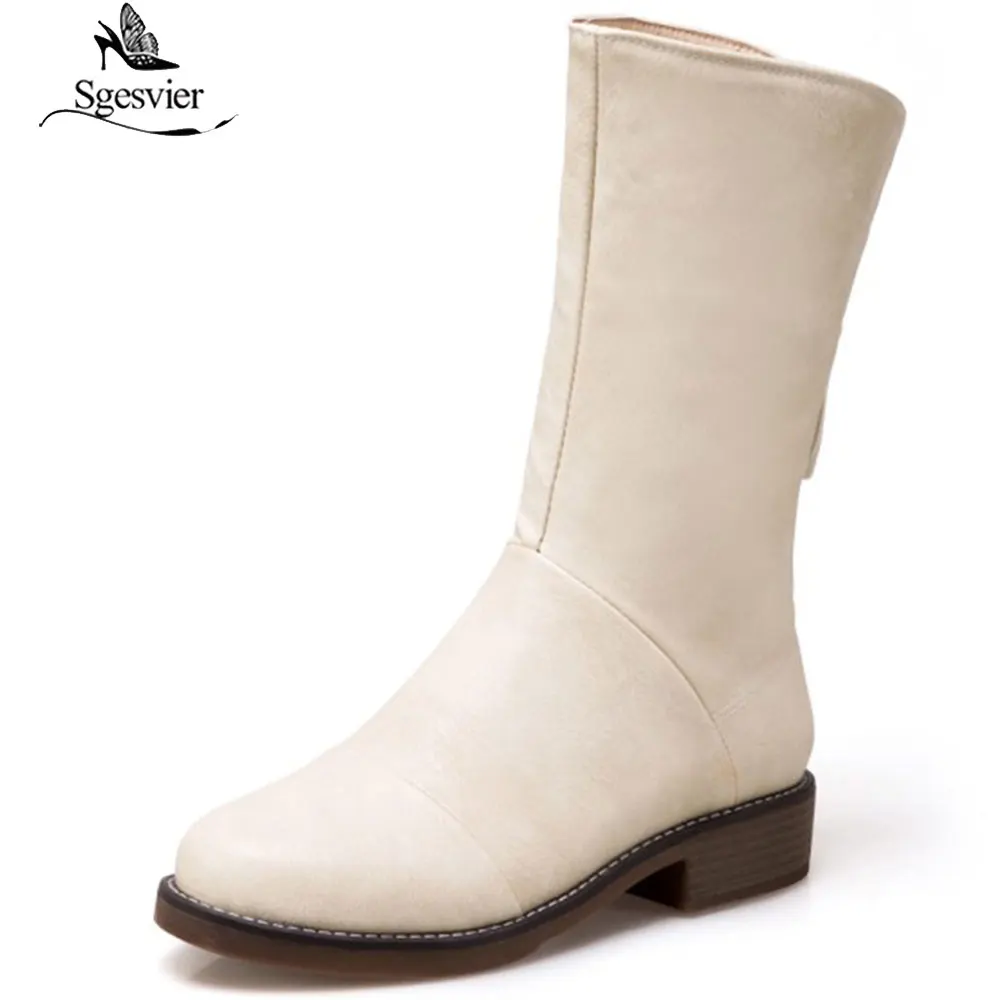 Sgesvier Women Winter Half Boots Zipper Shoes Women Thick Heel Round Toe Mid Calf Boots Party