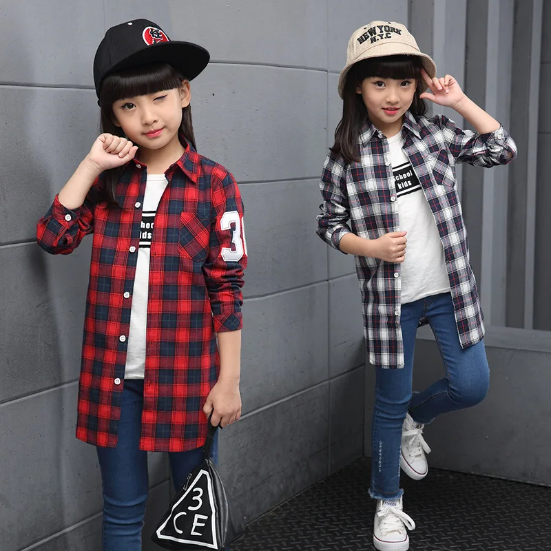 

Girls Plaid Shirt 2018 autumn Girls Clothes Teenage School Girl Shirts for Girls Blouse Children Plaid Blouse 4-14T Kids Clothes