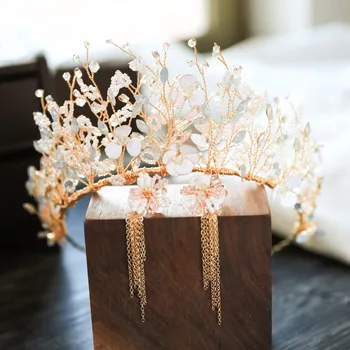 

Korean Bridal Hair Accessories Wedding Crown Headpiece Tiara Set Crystal Metal Gold Headband Hairband Bride Head Jewelry Women