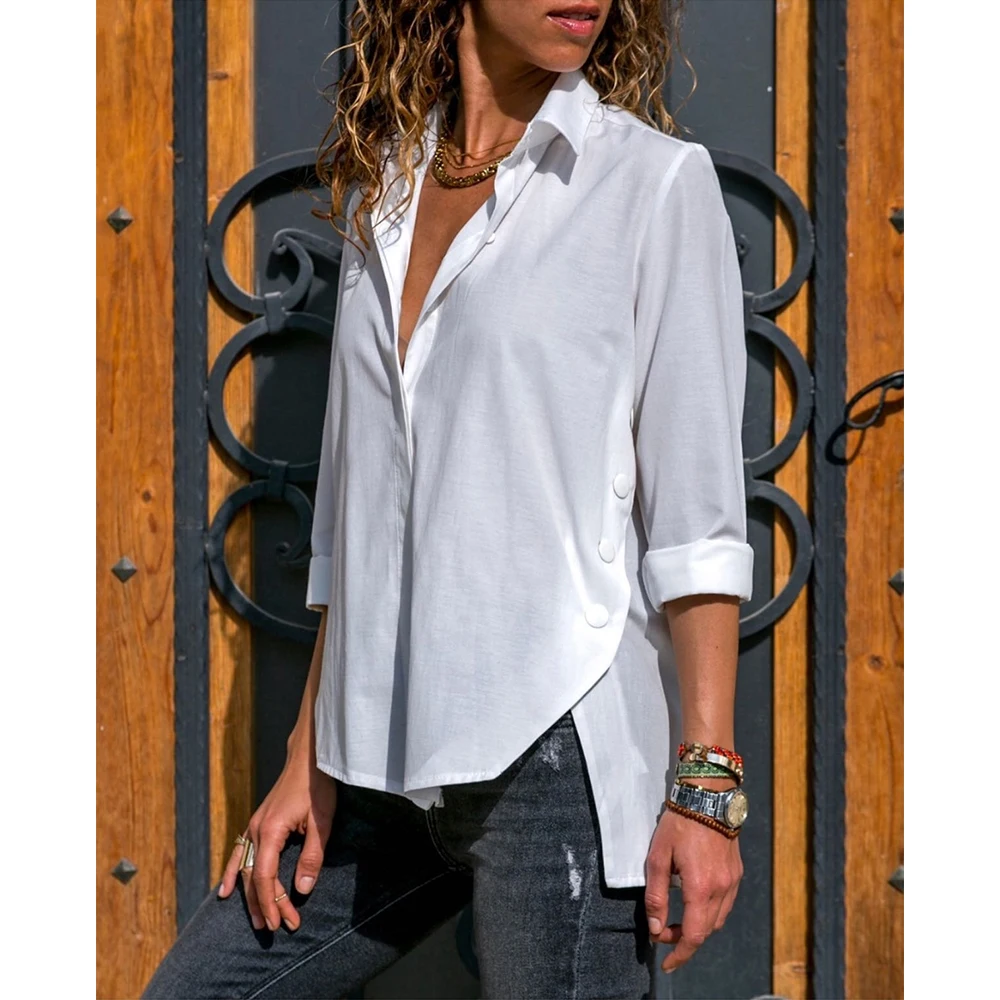

Irregular Button Chiffon Tunic Blouse Women Solid Long Sleeve Turn-Down Collar Shirt Autumn Ladies Blouses Plus Size Tops 5XL