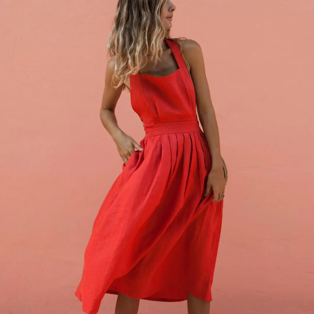 Women Summer Boho Long Maxi Dress Sleeveless Backless Bandage Loose Dress Party Beach Sundress