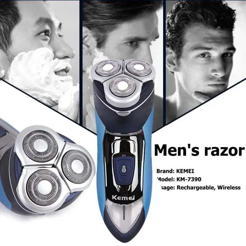 

KEMEI KM-7390 Rechargeable Electric Shaver Washable 3D Triple Beard Razor Trimmer Floating Blade Head Men Beard Trimmer Machine