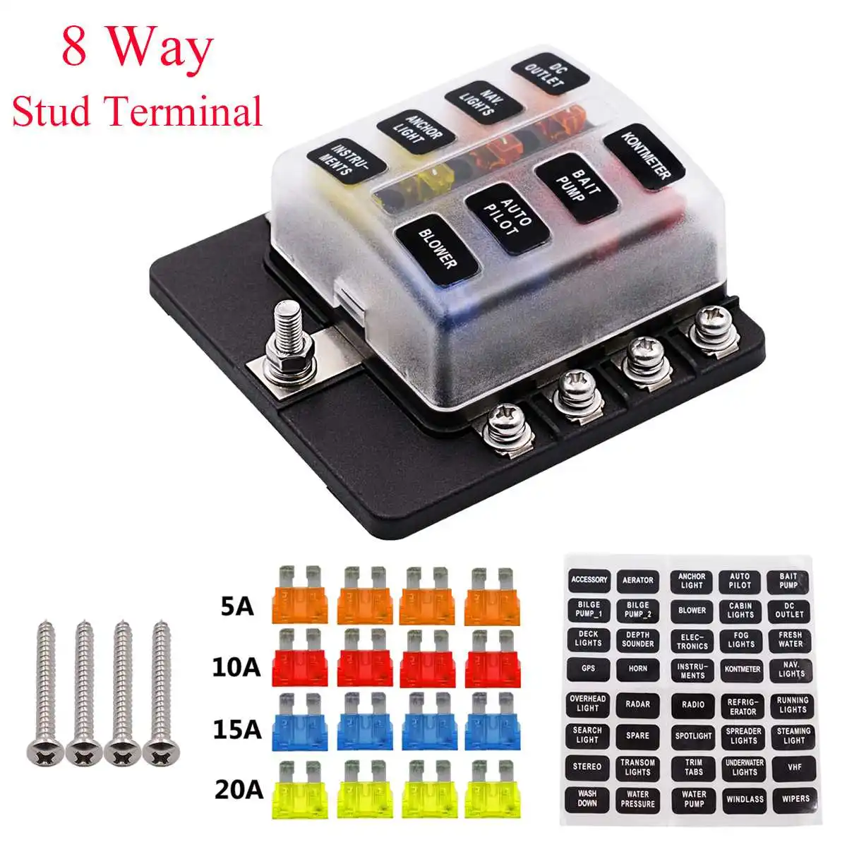 

Good Quality 5/10/15/20A Fuse Universal 8 Way Fuse Box 12V 32V Circuit Standard Blade Block Holder Car Caravan