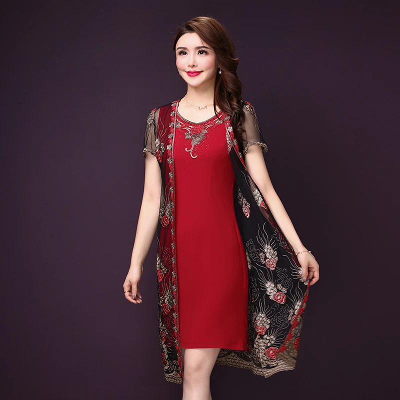 

2019 Summer Spring 2 Pieces Set Dresses Women O-neck Floral Embroidery Dress Elegant Lace A-line Dresses Vestidos Plus Size
