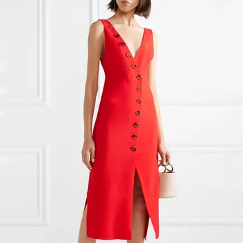 

DEAT 2020 new spring and summer fashion women clothing V-neck sleeves single breasted read sexy party dress female WD92803M