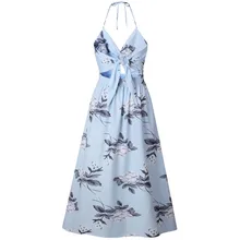 Sexy V Neck Halter Vestido Bandagem Mulheres Verão Floral Impressão Sem Encosto Longa Praia Vestido Divisão Vestido De Festa Longo Ey *