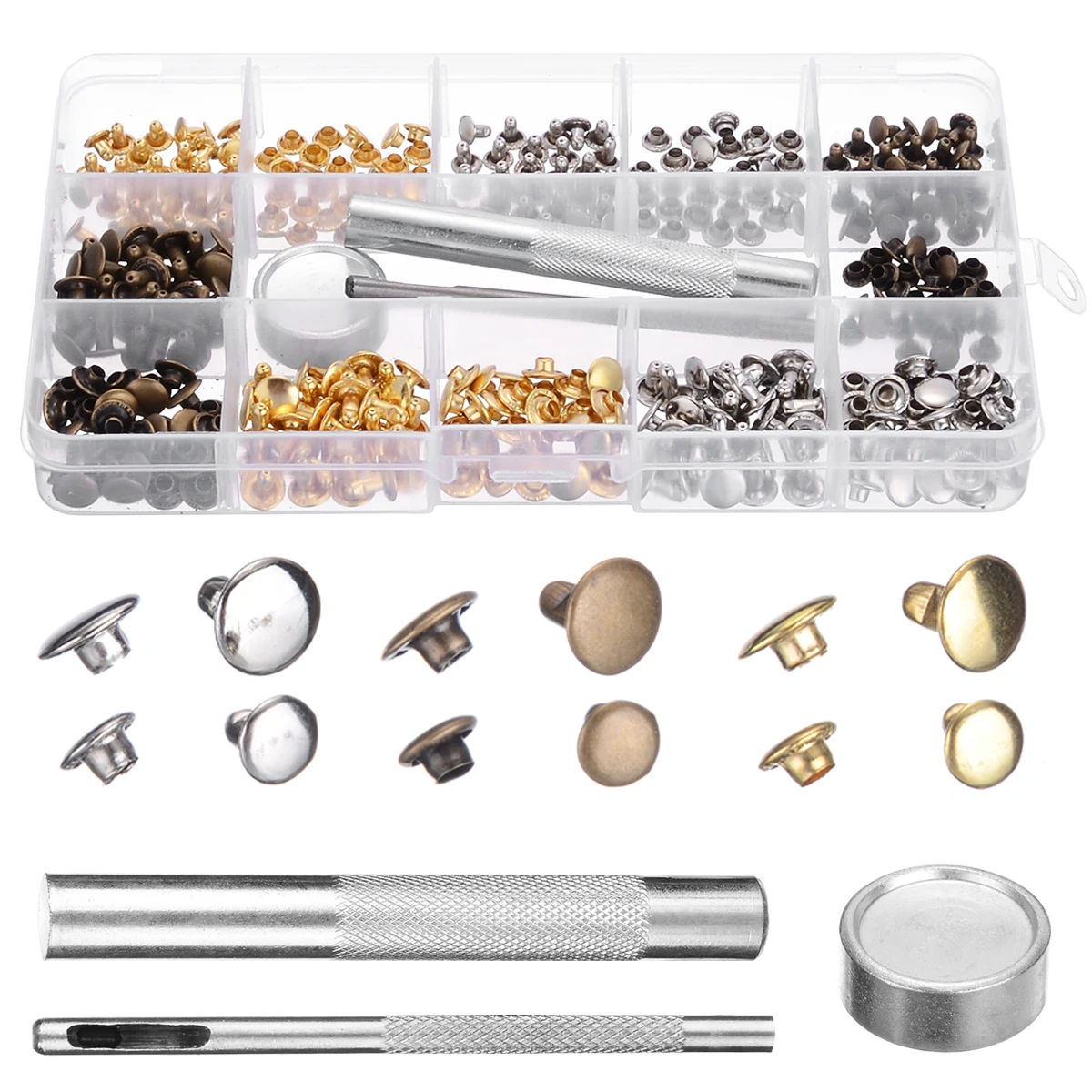 

180PCS SET Leather Double Cap Rivets Tubular Metal Studs Fixing Tool Kit Craft Leather Craft Repairs DIY Apparel Garment Rivets