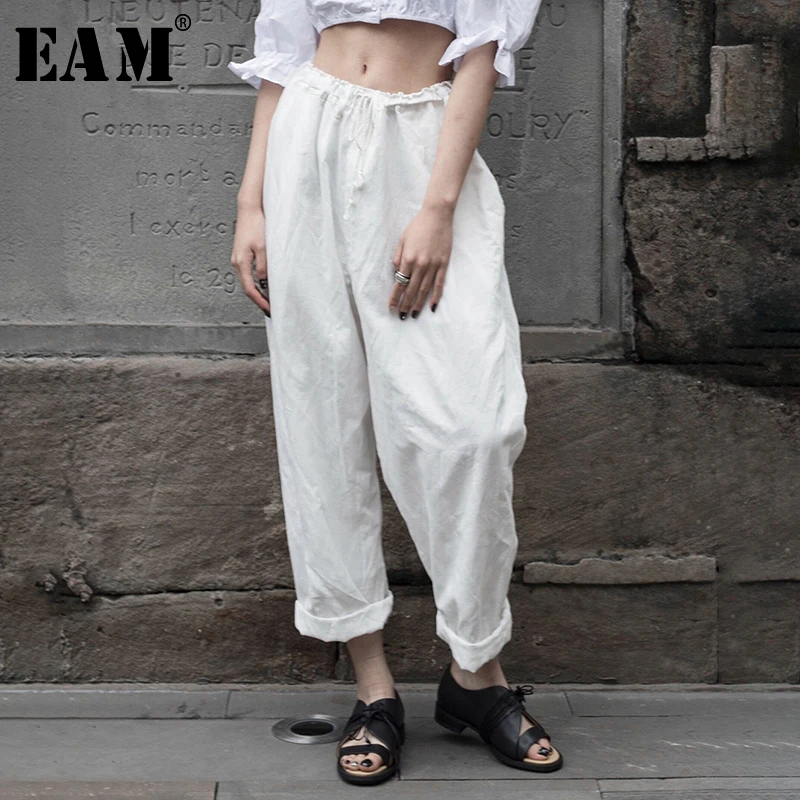

[EAM] 2019 New Autumn Winter High Elastic Waist White Drawstring Leisure Loose Wide Leg Pants Women Trousers Fashion Tide JU426