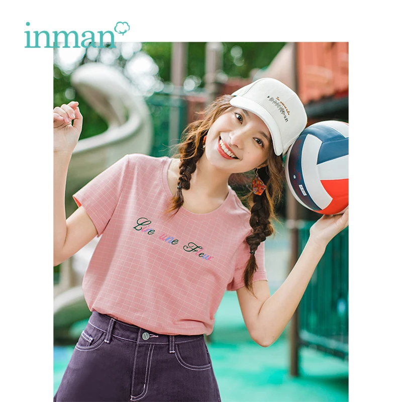 

INMAN 2019 Summer New Arrival O-neck Literary Plaid Loose Casual All Matched Slim Short Sleeves Women T-Shirt