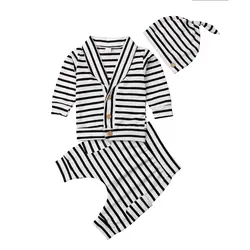 Комплект одежды из 3 предметов для новорожденных мальчиков и девочек, рубашка с длинными рукавами Топы + свободные штаны + шапка, комплект