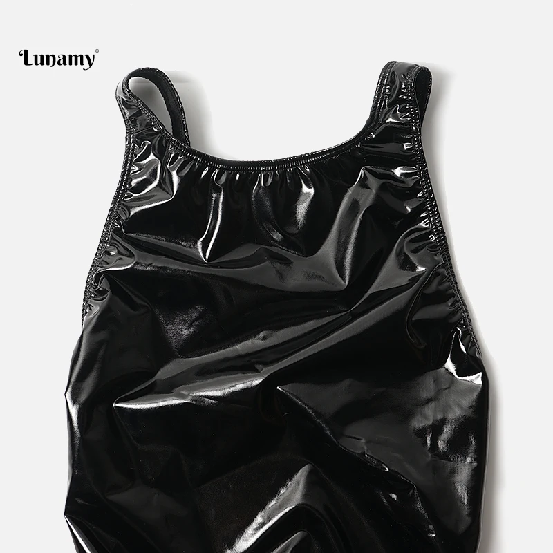 Billige Lunamy 2019 Sexy Trikots PU Schwarz Glänzend Körper Anzug Hohe Schnitt One Piece Bademode Frauen Body Shiny Badeanzüge Badeanzug