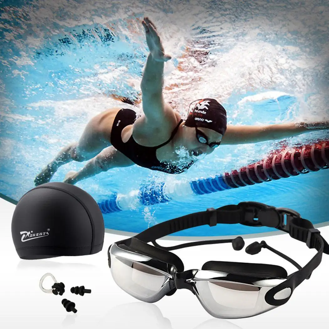 Swimming Goggles With Hat Ear Plug Nose Clip Suit Waterproof Swim