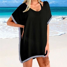 Summer new casual ladies lace beach chiffon blouse short sleeve loose lace long shirt