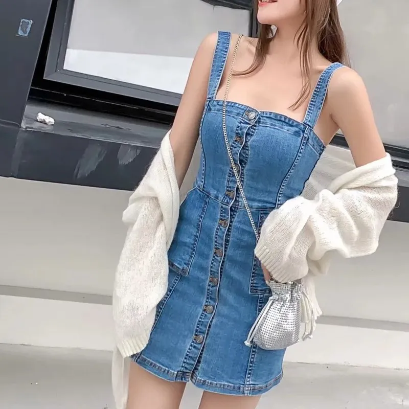 Women Straps High Waist Denim Dress 2019 Summer Solid Single Breasted Mini Jeans Dress Preppy Style Casual Pockets A-Line Dress