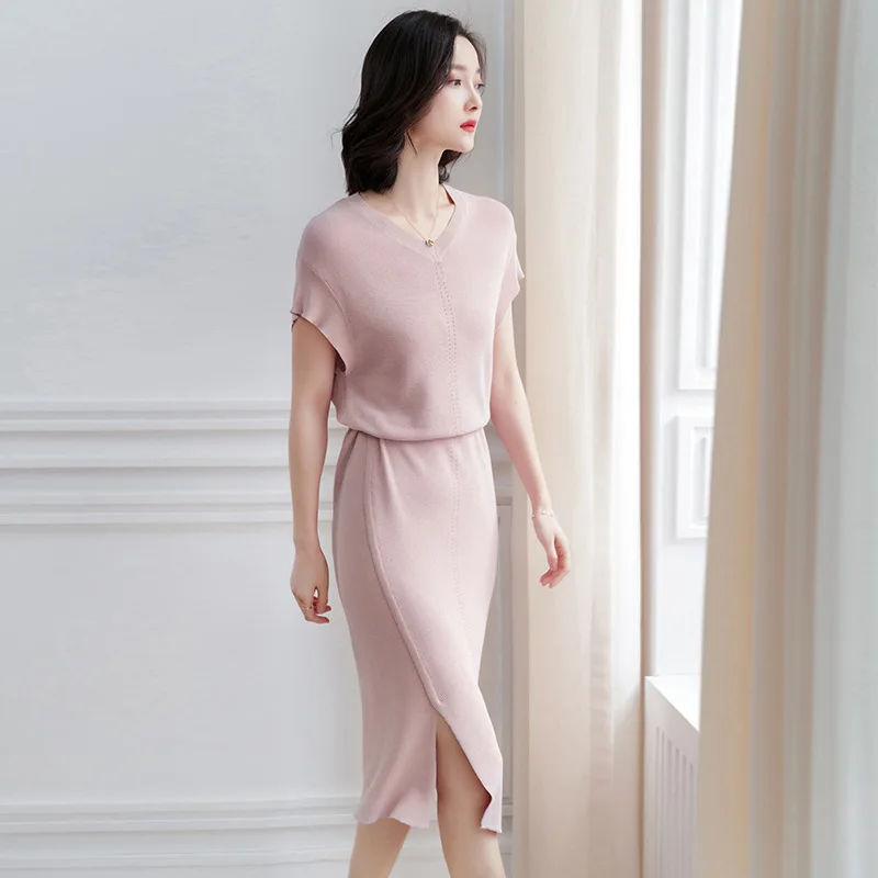 

2019 Summer Korean Temperament Commute Solid Color V-neck Slim Simple Knit Short-sleeved Split Dress Vestido Largo Black Dress