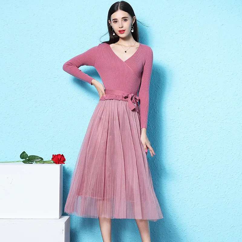 

Nordic winds style women's fairy dress 2018 autumn new knitted stitching long pink dress for girls nw18c2833