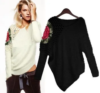 

Top Quality 2019 New Winter Fashion Womens Loose Knit Rose Hollow-out On Shoulder Knitwear Sweater Tops And Pullovers In Stock
