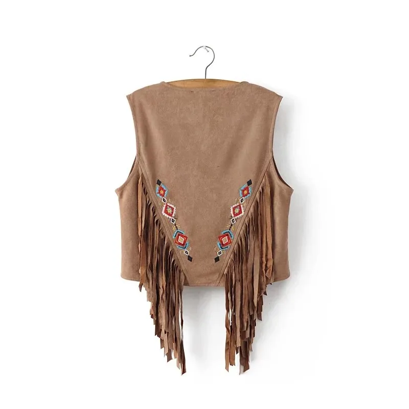 Women Suede Sleeveless Vest Summer Embroidery Waistcoat Fringe Vests Ladies Floral Jacket