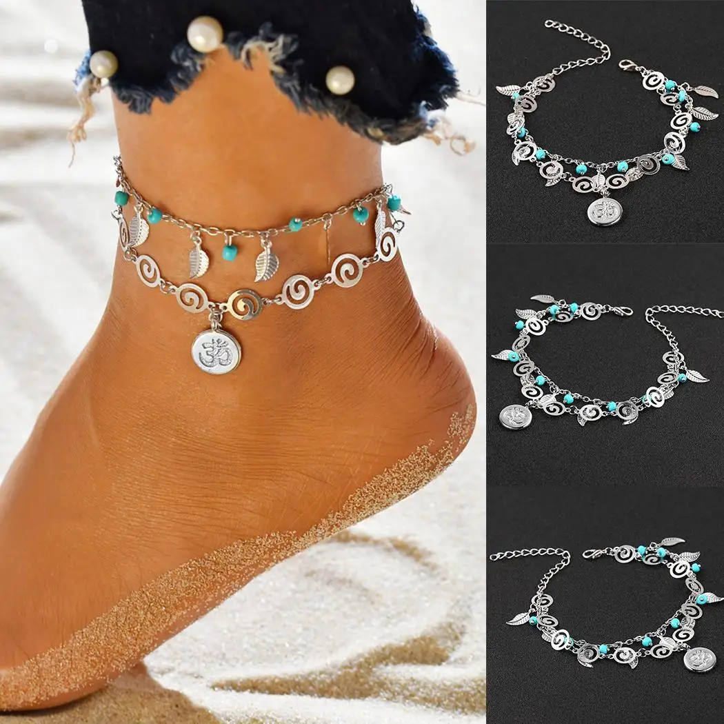 

Women Multilayer Feather Spiral Round Charm Anklets Beach Lobster-claw-clasps Beads Ankle Bracelet Jewelry