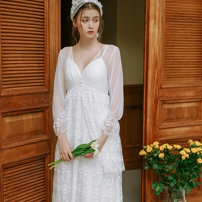 

Lisacmvpnel Retro Fashion Knitted cotton Women Robe Set Chiffon Lace Sexy Fashion Sleepwear